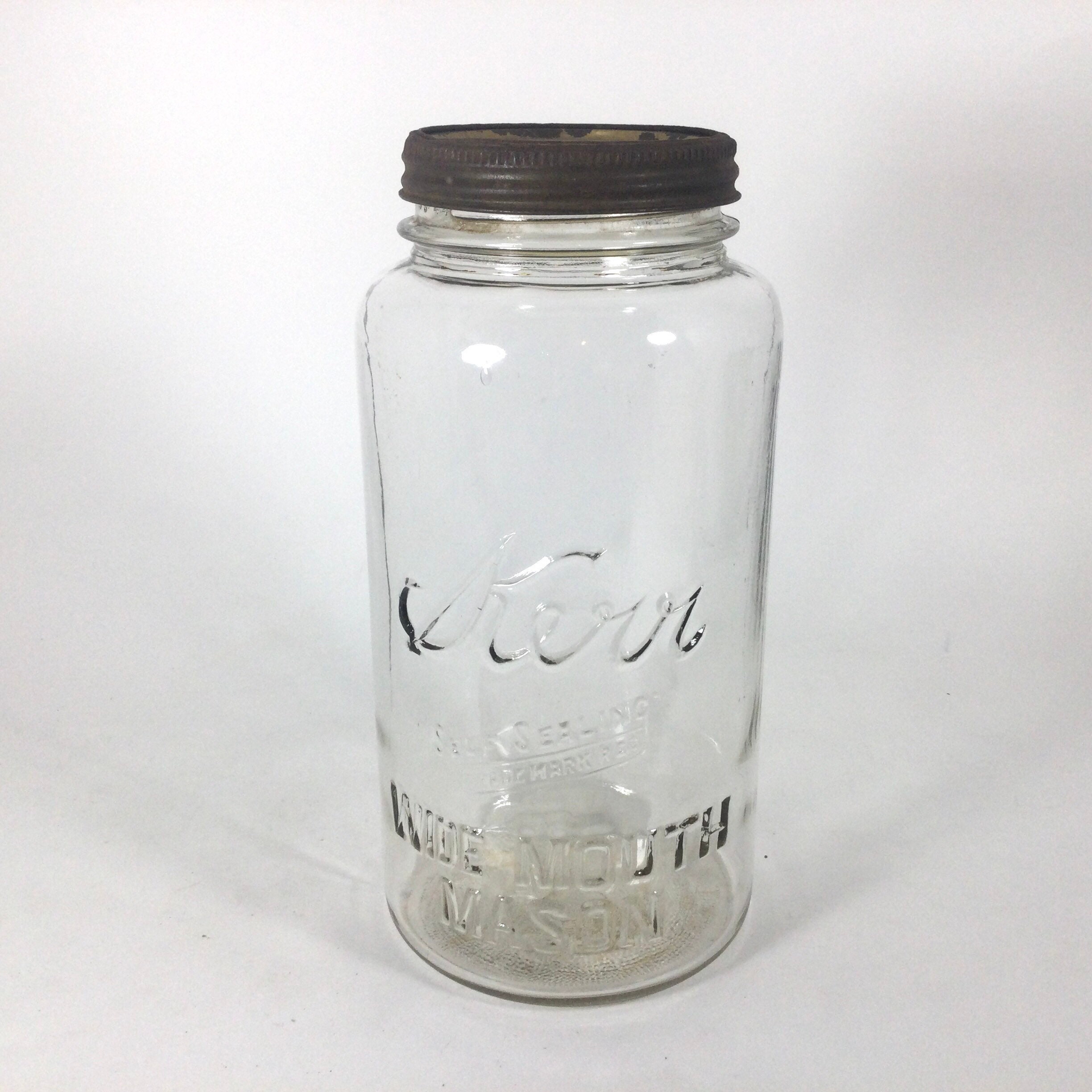 Large Clear Glass Kerr Mason Jar with Rusty Metal Lid Etsy