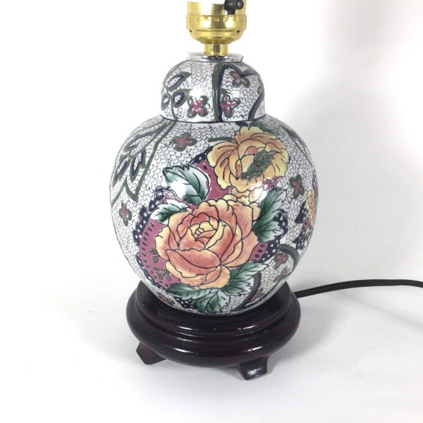 Vintage Floral Cloisonné Ceramic Lamp | Chinoiserie Pink Peony | Grand Millennial Home Decor | Small Accent Lighting