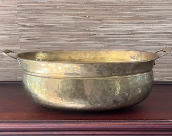 Vintage Large Hammered Brass Pot | Grand Millennial Oval Planter with Handles, Storage Container