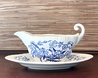 Vintage Wedgwood Gravy Boat | Blue and White Ranunculus Pattern