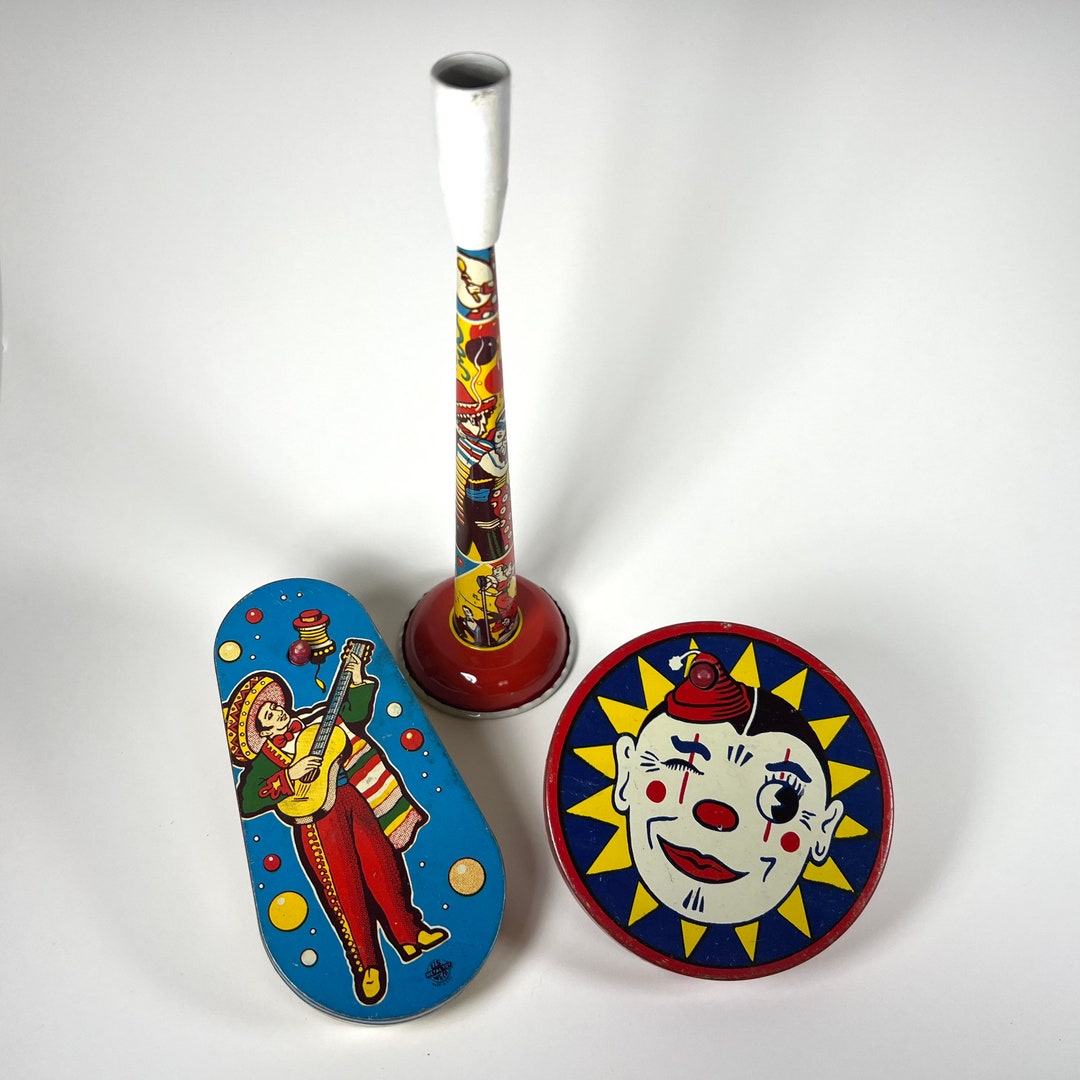 Vintage Lithograph Tin Noisemakers | Retro Birthday Party Supplies Bell ...