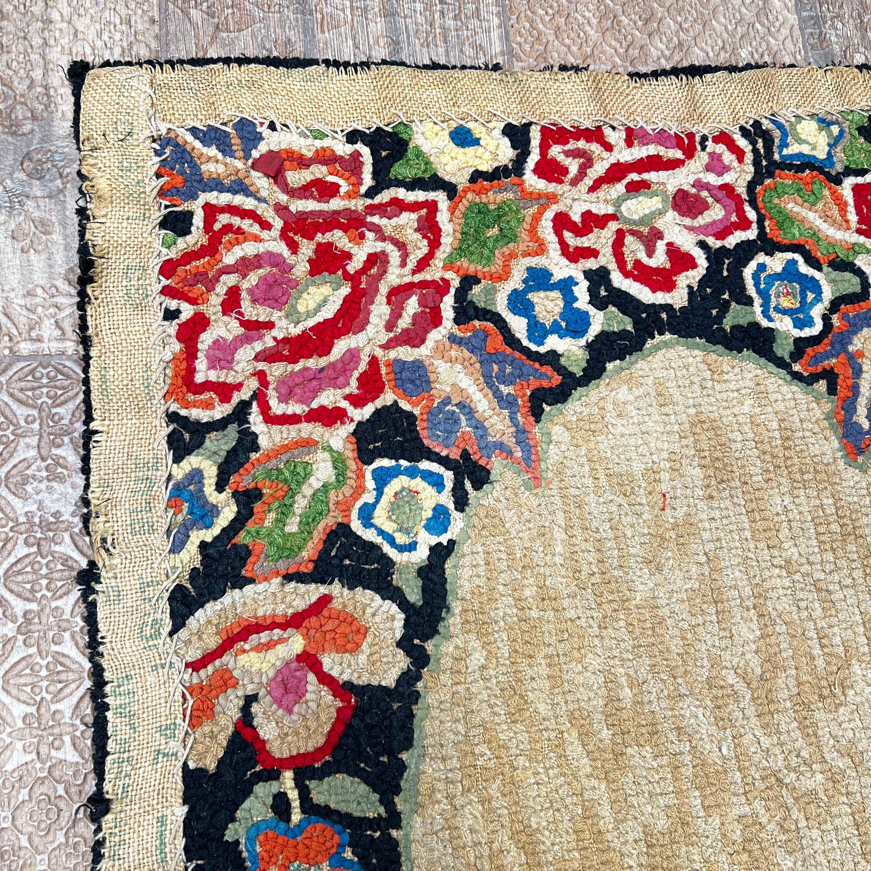 Vintage Floral Hooked Rug 1930s-1940s | Handmade Colorful Cotton Rug ...