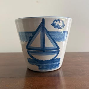 Vintage M. A. Hadley Sailboat Flower Pot or Crock | Blue and White Cache Pot Nautical Coastal Decor | Louisville Stoneware