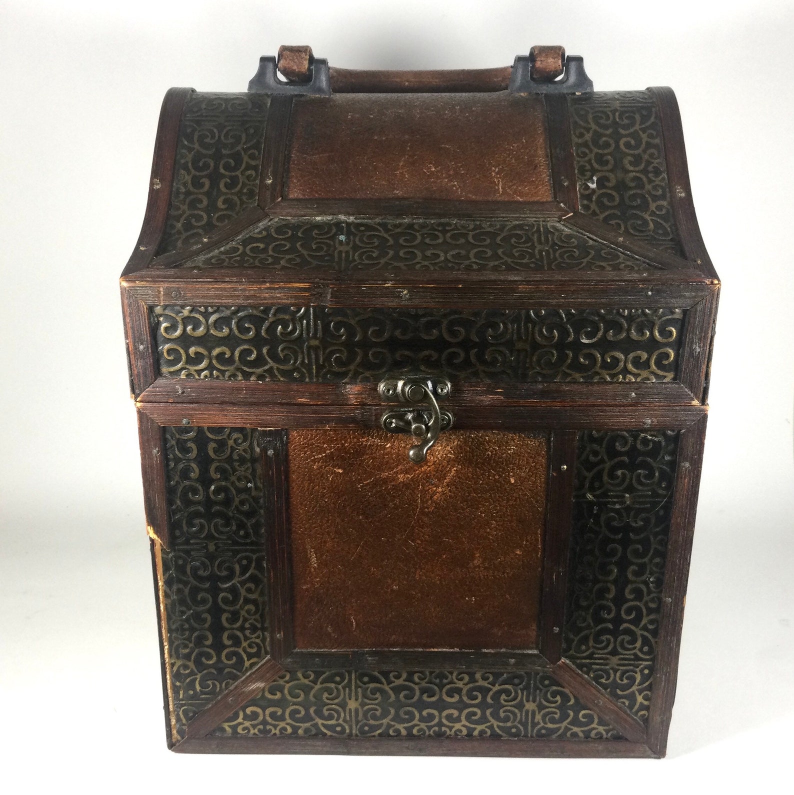 Decorative Dark Wood Box with Lid and Handle Gold and Faux