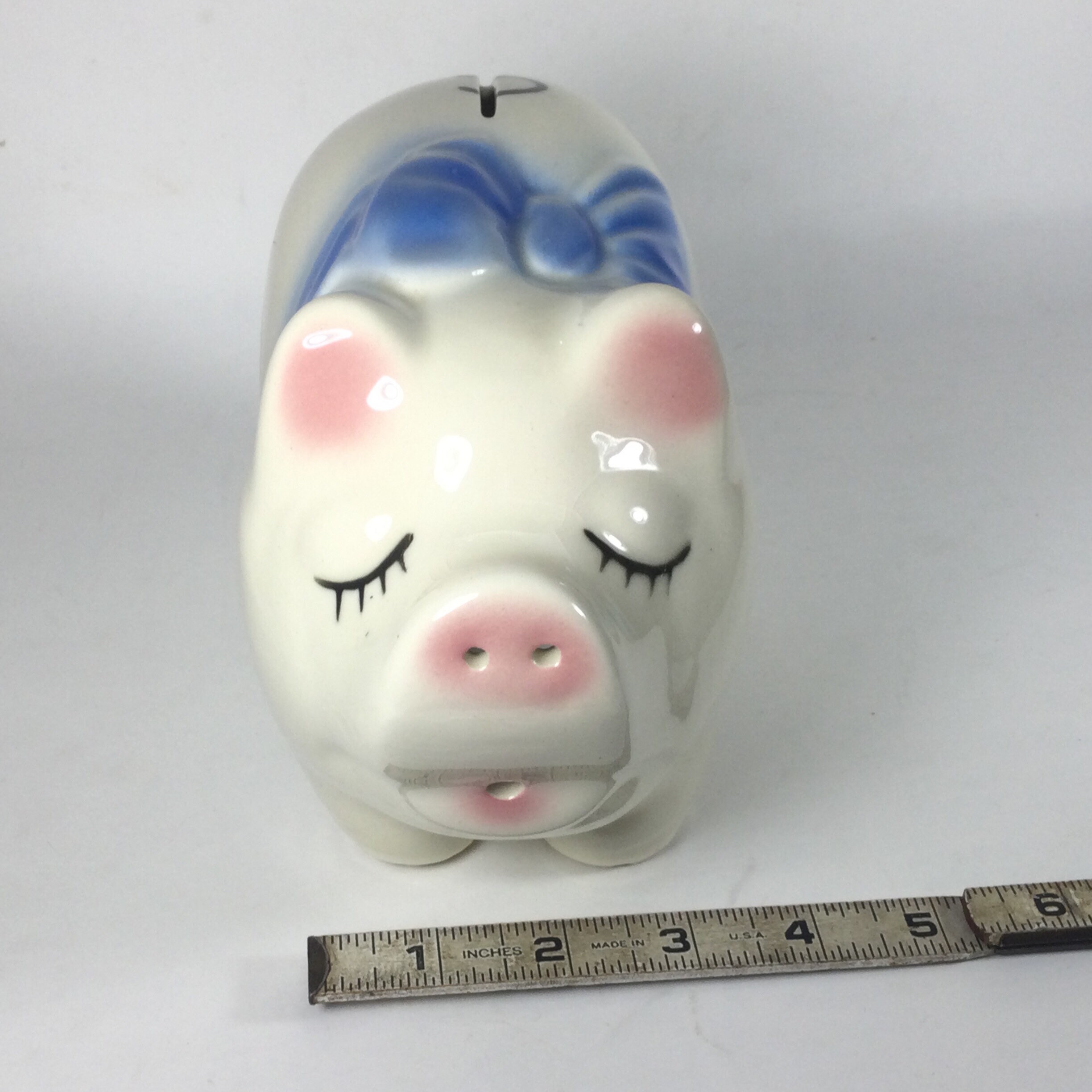 Vintage Ceramic Piggy Bank With Blue Bow Vintage Baby Shower