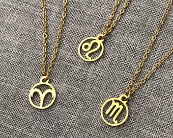 Zodiac Coin Necklace - Zodiac Disk Necklace - Scorpio Necklace - Leo Necklace - Libra Necklace  - Virgo Necklace - Cancer Necklace - Gemini