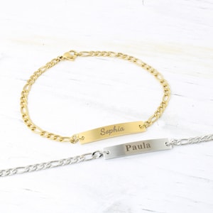 14k Gold Figaro Bracelet with Custom Engraved Bar Silver Name Bracelet-Figaro Chain Bracelet Christmas Gifts-Personalized Jewelry for Her image 1