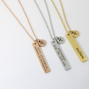 Personalized Medical Alert bar Necklace - Medical ID Pendant Necklace - Custom Engraved Chain Necklace- Caduceus - Star of Life Necklace