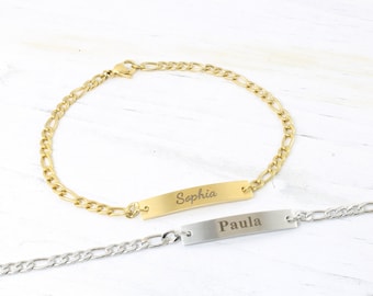 14k Gold Figaro Bracelet with Custom Engraved Bar- Silver Name Bracelet-Figaro Chain Bracelet - Christmas Gifts-Personalized Jewelry for Her