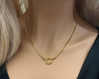 Gold Sailor Curb Clasp Necklace - Front Clasp Necklace - Large Spring Ring Clasp Chain - Chunky Chain Necklace - 14k Gold Plated Necklace