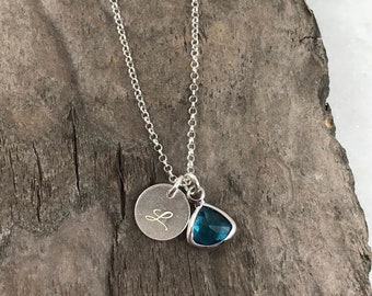 925 Sterling silver Initial Coin Necklace - Birthstone necklace - Coin Disc Necklace - Sterling silver Jewelry - Gift for mom -Gift for her