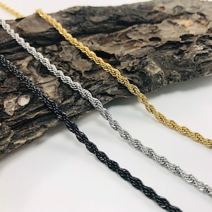 Rope Chain Necklace  - 3mm Black and Silver Twisted Necklace - 14k Gold Stainless Steel Hypoallergenic - Black Chain Choker