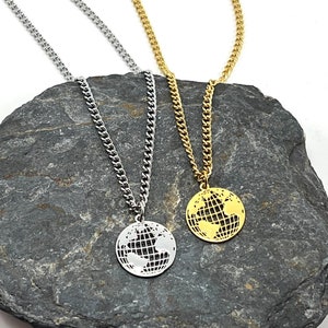 Globe necklace - world map necklace - stainless steel necklace chain - men&#39;s necklace - gift for him - gift for traveler