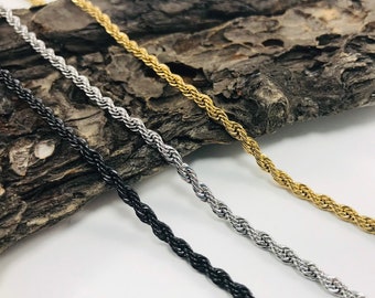 Rope Chain Necklace  - 3mm Black and Silver Twisted Necklace - 14k Gold Stainless Steel Hypoallergenic - Black Chain Choker