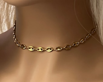 18k gold, silver Pignose chain - Mariner chain choker necklace - Womens chunky chain - Coffee bean chain