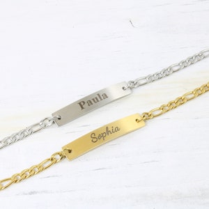 14k Gold Figaro Bracelet with Custom Engraved Bar Silver Name Bracelet-Figaro Chain Bracelet Christmas Gifts-Personalized Jewelry for Her image 2