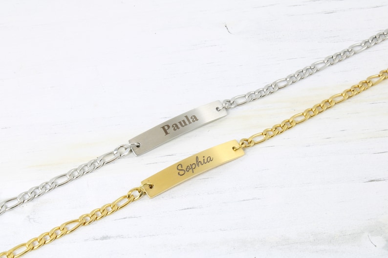 14k Gold Figaro Bracelet with Custom Engraved Bar Silver Name Bracelet-Figaro Chain Bracelet Christmas Gifts-Personalized Jewelry for Her image 2