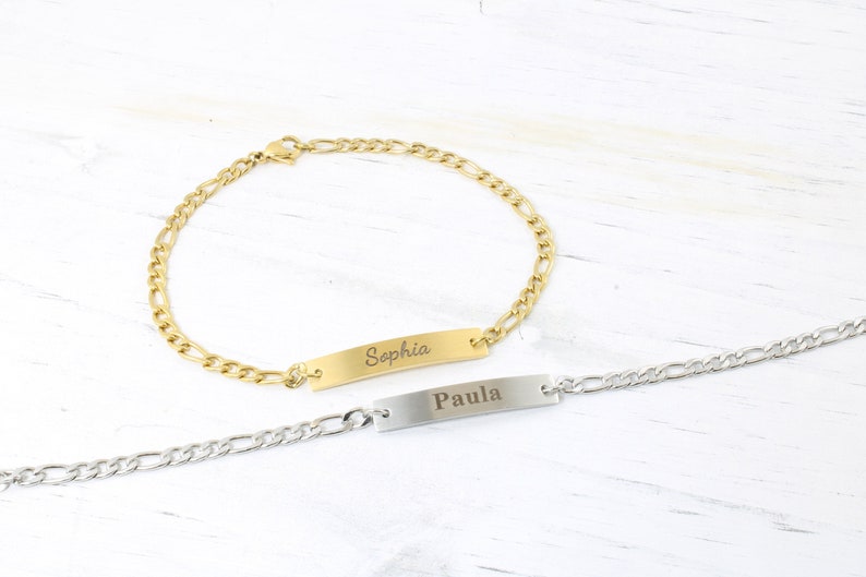 14k Gold Figaro Bracelet with Custom Engraved Bar Silver Name Bracelet-Figaro Chain Bracelet Christmas Gifts-Personalized Jewelry for Her image 1