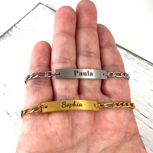 14k Gold Figaro Bracelet with Custom Engraved Bar Silver Name Bracelet-Figaro Chain Bracelet Christmas Gifts-Personalized Jewelry for Her image 6