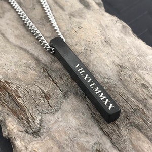 Custom Long Bar Necklace - Personalized Coordinate Necklace - Roman Numerals Pendant - Engrave Date or Names Pendant - Christmas Gifts