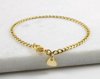 Tennis Bracelet - Curb Chain Custom Engraved Heart Charm - Gold Curb Chain Bracelet for Christmas - Ladies Tennis Bracelet - Woman Bracelet