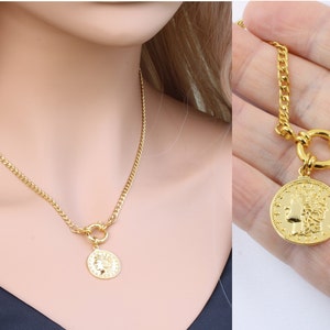 Gold Sailor Curb Clasp Necklace Front Clasp Necklace Large Spring Ring Clasp  Chain Chunky Chain Necklace 14k Gold Plated Necklace 