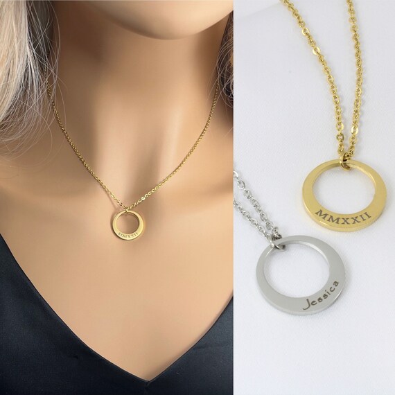 Custom engraved circle on sale necklace