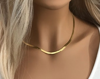 Herringbone Necklace Herringbone Chain Silver 14K Gold or Rose Gold Snake Chain Necklace Choker Necklace Flat Snake Chain Necklace