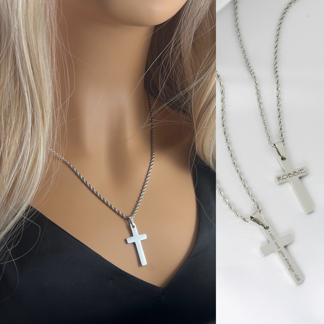 Silver Personalized Cross Necklace Rope Chain and Cross Etsy