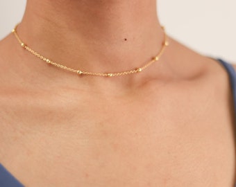 14K Plated Gold Beaded Necklace - Gold Choker Necklace - Gold Satellite Chain - Mothers Day Gift - Minimalist Necklace - Gold Beaded Chain