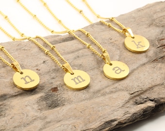 Disc Initial Pendant and Necklace - Engraved Lower Case Letter Coin Pendant - Gift for Mothers Day - Gold Necklace Satellite Chain