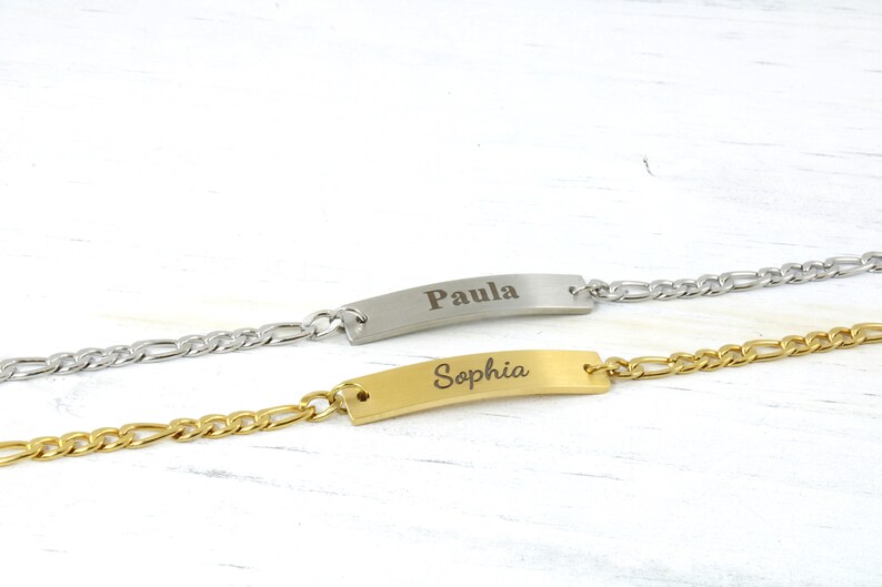 14k Gold Figaro Bracelet with Custom Engraved Bar Silver Name Bracelet-Figaro Chain Bracelet Christmas Gifts-Personalized Jewelry for Her image 3