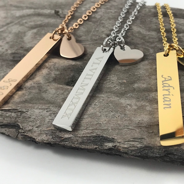 Personalized Name Bar Necklace - Vertical Bar Pendant - Personalized Gifts for Mom - Custom Engraved Date Pendant - Christmas Gift Necklace