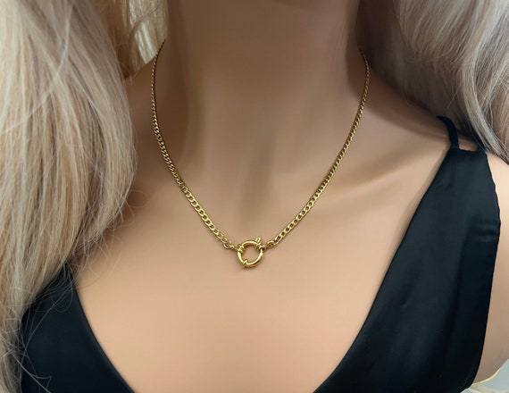 Gold Sailor Curb Clasp Necklace Front Clasp Necklace Large Spring Ring Clasp  Chain Chunky Chain Necklace 14k Gold Plated Necklace 