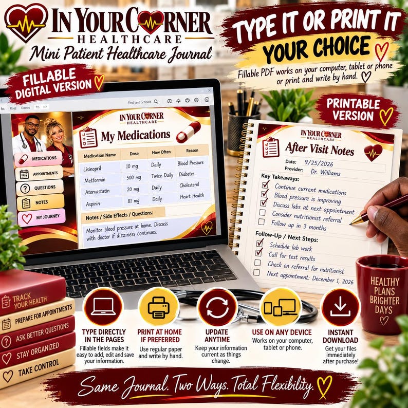 May include: A digital and printable healthcare journal titled In Your Corner Healthcare. The display shows a medication tracking page and an after-visit notes page with checkboxes. Includes icons for typing, printing, and device compatibility.
