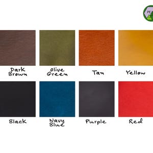 Leather colours available include dark brown, olive green, tan, yellow, black, navy blue, purple and red