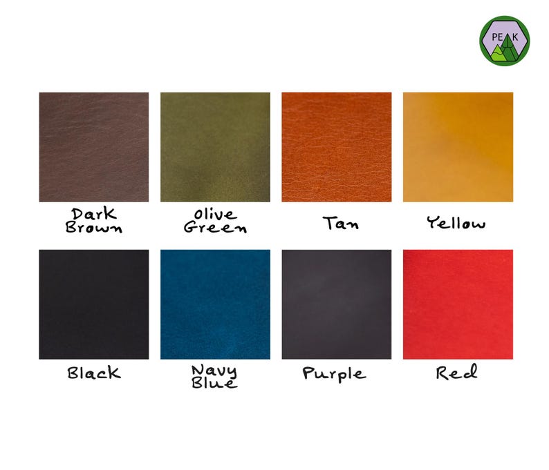Leather colours available include dark brown, olive green, tan, yellow, black, navy blue, purple and red