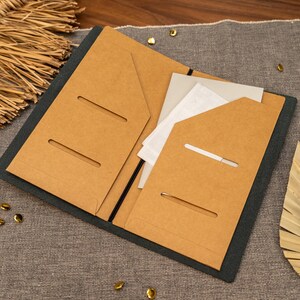 May include: A dark grey open passport holder featuring tan interior pockets with horizontal slots for cards and documents. The interior includes a central elastic band to secure papers, with a light-coloured document tucked inside the right-hand side pocket.