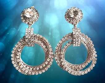 Vintage BUTLER & WILSON Clip On Crystal Hoops EARRINGS, Silver Tone, 1990s