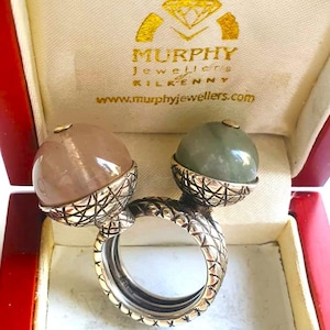 Sterling SILVER 925 Pink Quartz & Green Jadeite Large Heavy Statement Multi-Stone Ring, Signed, NEW