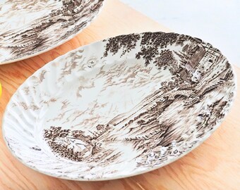 vintage 12&quot; RIDGWAY TRANSFERWARE PLATTER || Country Days design || Brown and White