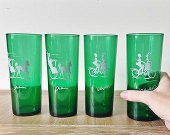 Vintage Emerald Green Glass Tumblers: Horse & Bicycle Design, Set of 4