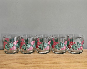 Set of 5 || Vintage Christmas Glasses with Handles || Retro Holiday Barware || Clear, Red & Green