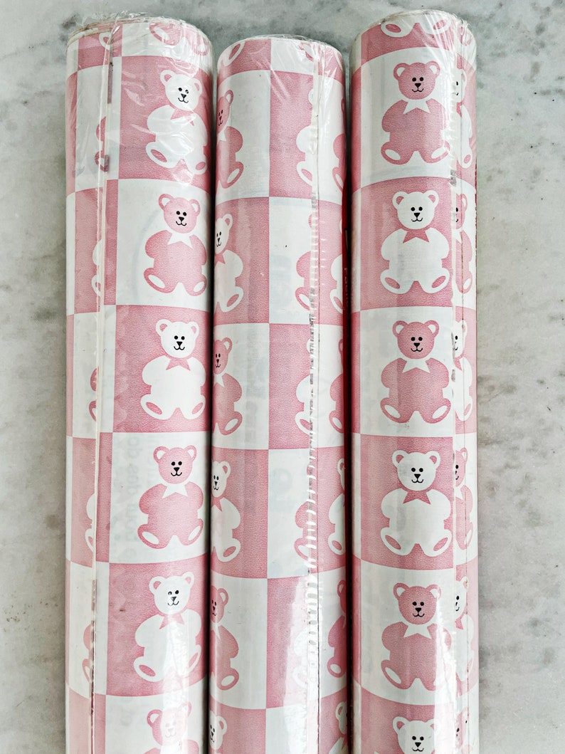 Vintage Shelf Liner Tyetac Self Adhesive Vinyl Pink & White Teddy