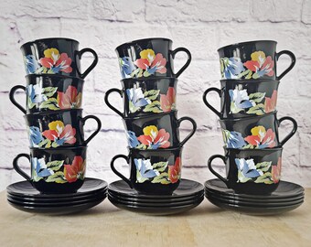 Vintage 80s ARCOROC Black Glass Coffee Cup & Saucer: Bright Floral Design