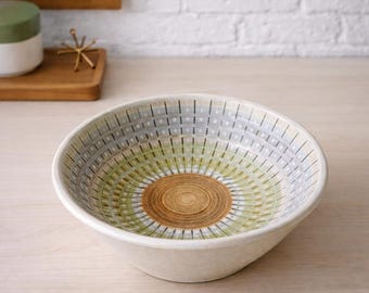 デンビー・バーリントン ボウル 7インチ ヴィンテージ ストーンウェア サービングボウル グリーン パープル 内側パターン ミッドセンチュリー イギリス