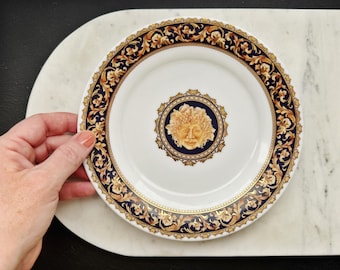 Vintage Limoges Bacchus Dionysus Plate 8” Cobalt Blue Gold Baroque Versace Style French Porcelain Decor