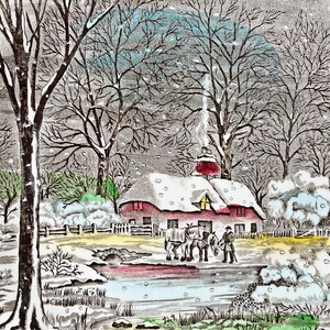 May include: A winter scene with a red-roofed house, snow-covered trees, and a frozen pond. Three figures stand near the pond, and a horse-drawn carriage is parked in front of the house.