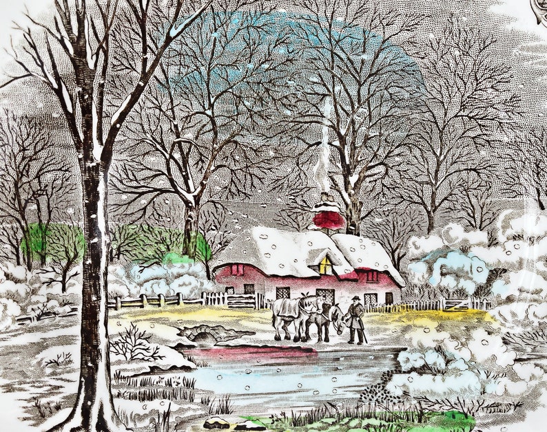 May include: A winter scene with a red-roofed house, snow-covered trees, and a frozen pond. Three figures stand near the pond, and a horse-drawn carriage is parked in front of the house.