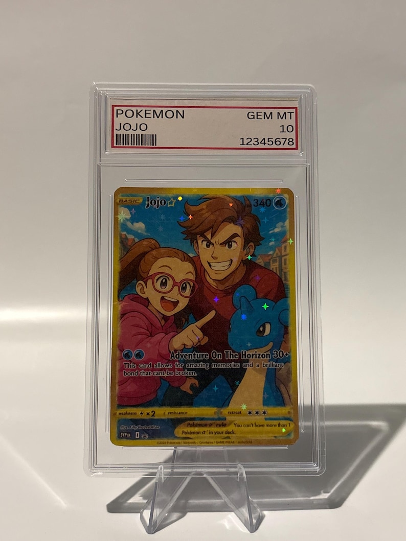 May include: A graded Pokemon card featuring the characters Jojo, a woman with glasses, and a man, with a blue Lapras. The card is in a clear protective case. The card text reads "Adventure On The Horizon 30+" and "Pokemon".